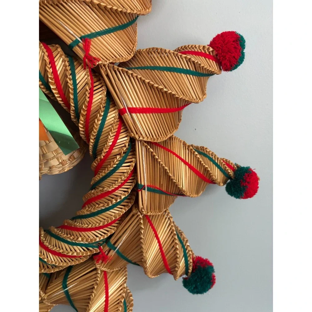 Vintage Scandanavian Hand Woven Straw Christmas Wreath Star Pom Poms Bell 23